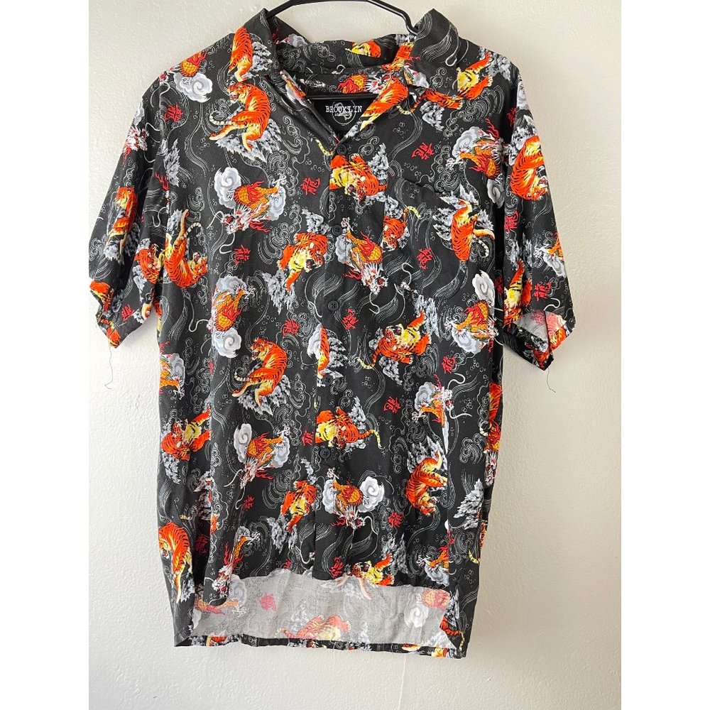 Men's Brooklyn Medium Standard Tiger Shirt Button Up Collared S/S Grey Orange
